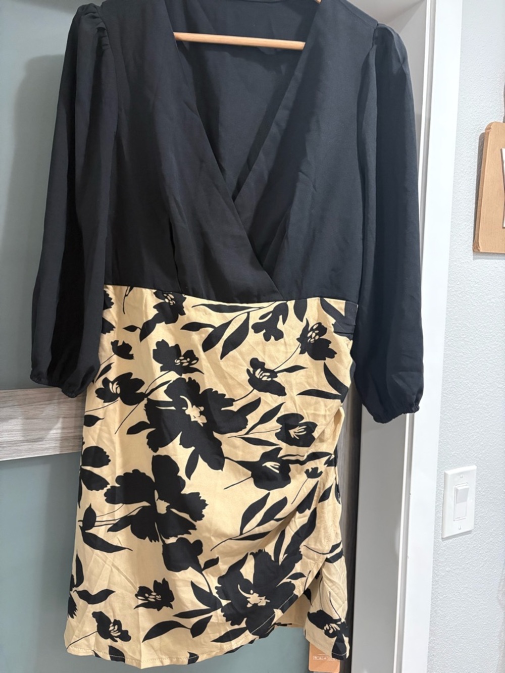 SHEIN Black Floral Print on Cream Fabric Blouse Large